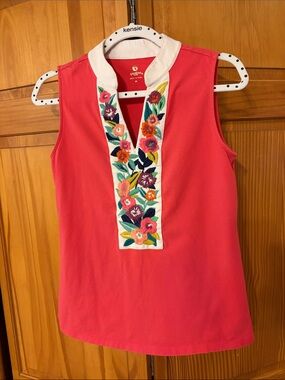 Spartina 449 Floral Embroidered Sleeveless Split Neck Knit Top Medium